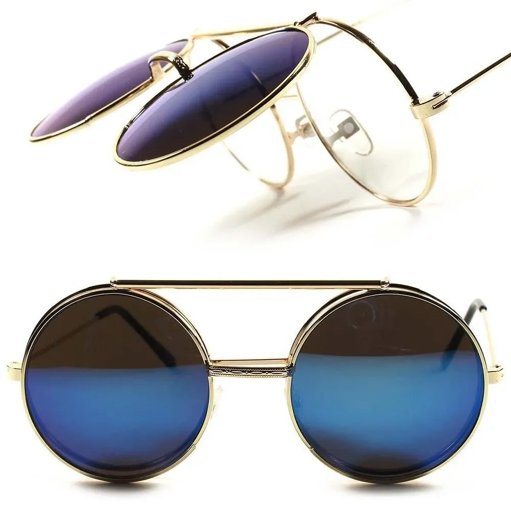 Gold Retro Revival Eccentric Steampunk Flip-Up Sun Glasses Blue Mirrored Lens